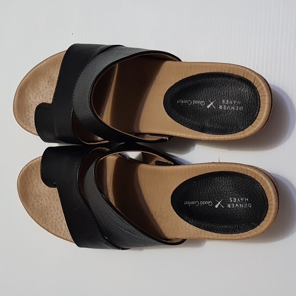 Denver Hayes Quad Comfort Black Leather Low Wedge Slip On Sandals 9
